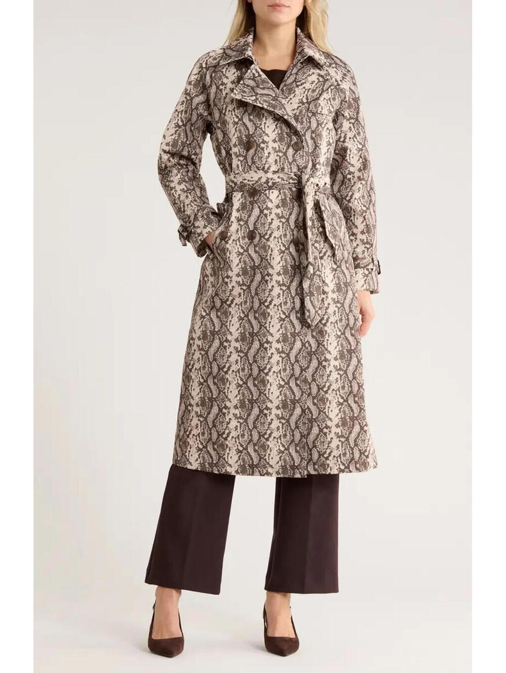 Rebecca Minkoff Womens Animal Long Trench Coat Belted Size M Snake Brown Chic